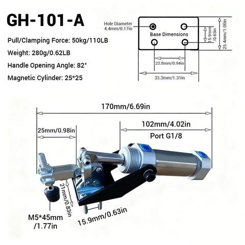 Heavy Duty Pneumatic Clamp Fixture With 50 Kg 110 Lb Hold Down, shown with dimensions and specification details on schematic
