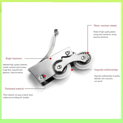 Six Pack Heavy Duty Double Wheel Door Pulleys With Slick As Butter Glide Action For No Hassle Sliding Glass Doors And Windows Quick Swap Wardrobe Track Glides Repair Kit close-up of durable double wheel design with wear-resistant wheels and thickened material.