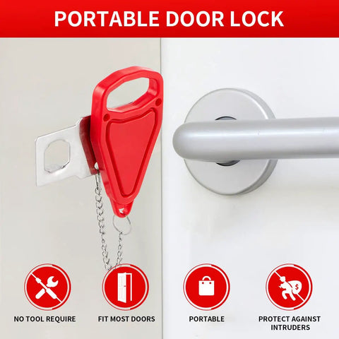 Portable Door Lock Security Kit for Travel with red ABS cover installed on a door, showing extra privacy and safety for hotels and homes.