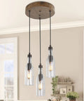 Dope Farmhouse Kitchen Island Pendant Light With Three Glass Bottle Shades, Black Wood Finish Chandelier, round canopy.