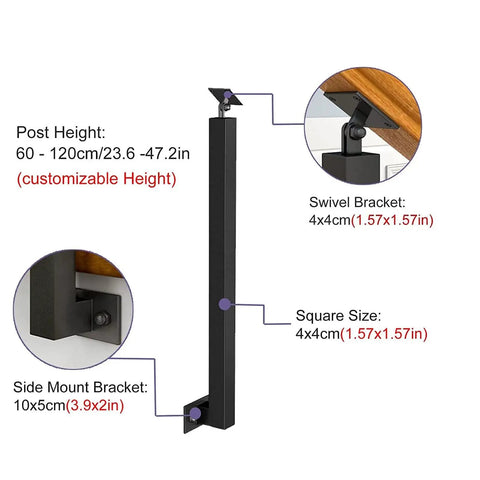 Rock Solid Black Metal Railing Pillar Featuring 270 Degree Pivot Mount Bracket with customizable height and bracket details.