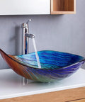 Slick Tempered Glass Vessel Bowls With Clean Striped Oval Shape For Your Modern Bathroom Vanity Counter Setup No Faucet Included Badass Scratch Proof Build And Smooth Top Shelf Finish with water flow.