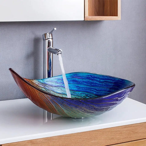 Slick Tempered Glass Vessel Bowls With Clean Striped Oval Shape For Your Modern Bathroom Vanity Counter Setup No Faucet Included Badass Scratch Proof Build And Smooth Top Shelf Finish with water flow.