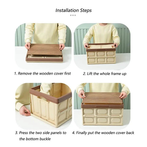 Installation steps for Heavy Duty Collapsible Storage Bins With Lid, Tough Camping Organizer Box for Car Trunk and Groceries.
