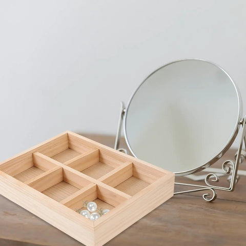 Slick Pine Wood Jewelry Organizer Tray With Six Compartments displaying pearls, ideal for vanity or desk storage.