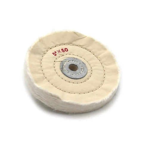 5 Inch 50-Ply Cotton Polishing Wheel With 10mm Arbor Bench Grinder Buffer showing round multi-layered cotton for metal and wood finishing.