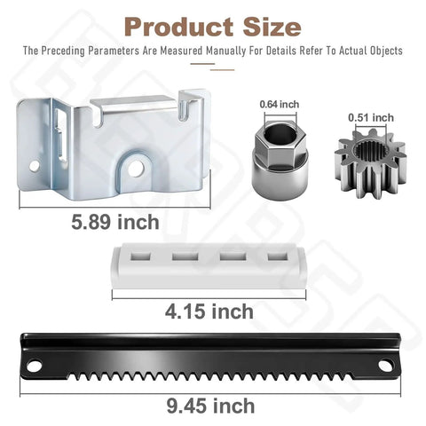 CR12 Steering Service Kit For Lawn Tractors parts with size dimensions including rack, bracket, and pinion.