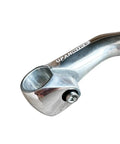 Close-up of Ride-Ready Gooseneck Bike Stem Aluminum Alloy for 22.2mm fork tube and 25.4mm handlebar, 80mm length, silver finish.