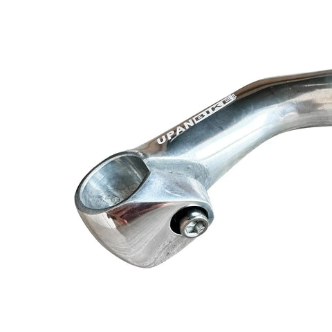 Close-up of Ride-Ready Gooseneck Bike Stem Aluminum Alloy for 22.2mm fork tube and 25.4mm handlebar, 80mm length, silver finish.