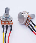 Three 1K Ohm Linear Taper Rotary Potentiometers With 3 Pin XH2.54 3P Connector, Top Adjustment Knurled Shaft, wiring visible