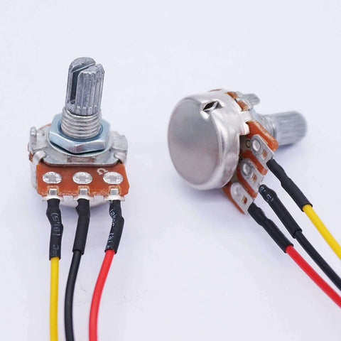 Three 1K Ohm Linear Taper Rotary Potentiometers With 3 Pin XH2.54 3P Connector, Top Adjustment Knurled Shaft, wiring visible