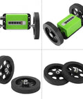 Super Smooth Digital Rolling Meter Counter With Kickass Six Digit Display For Precise Textile And Faux Leather Length Measurement Zero Hassle Tracking And Nail It Exactness On Every Yard with green body and two black wheels.