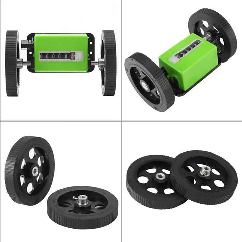 Super Smooth Digital Rolling Meter Counter With Kickass Six Digit Display For Precise Textile And Faux Leather Length Measurement Zero Hassle Tracking And Nail It Exactness On Every Yard with green body and two black wheels.