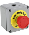 Red Emergency Stop Push Button Switch 22mm Aluminum Enclosure; visible red and yellow face in IP66 wall mount box for industrial control.