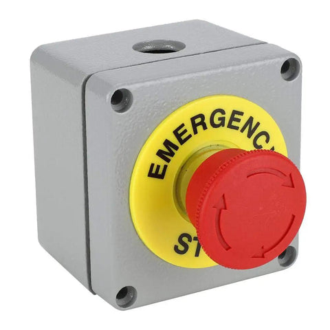 Red Emergency Stop Push Button Switch 22mm Aluminum Enclosure; visible red and yellow face in IP66 wall mount box for industrial control.