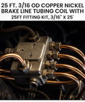 Copper-nickel brake line kit, 25 ft, 3/16 in OD, with fittings, connected to a metal valve block.
