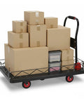 2 In 1 Cage Cart Dolly With Steel Wire Fence Guardrails And Open Foldable Platform For Heavy Duty Loads Workhorse Cage Detachable And Versatile Trolley For Home Shop And Warehouse Tasks 2000 loaded with boxes on black steel platform