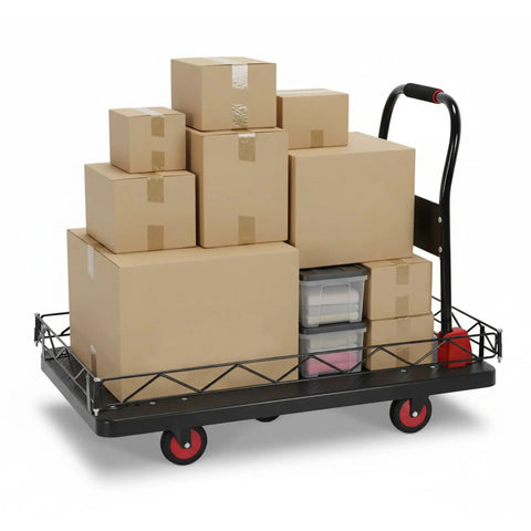 2 In 1 Cage Cart Dolly With Steel Wire Fence Guardrails And Open Foldable Platform For Heavy Duty Loads Workhorse Cage Detachable And Versatile Trolley For Home Shop And Warehouse Tasks 2000 loaded with boxes on black steel platform