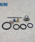 Top-view waterjet maintenance kit components: seals, O-rings, brass bushings, blue spacer, steel rod, conical nozzle; Win-Win logo.