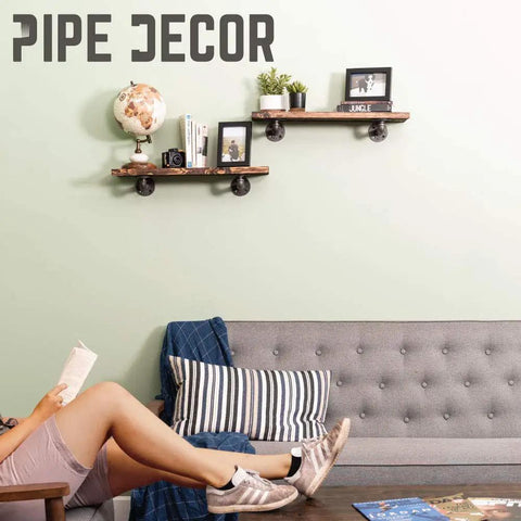 Hella Sturdy Industrial Pipe Shelf Brackets Six Inch Four Pack wall mounted shelves with rustic decor and black steel pipe fittings.