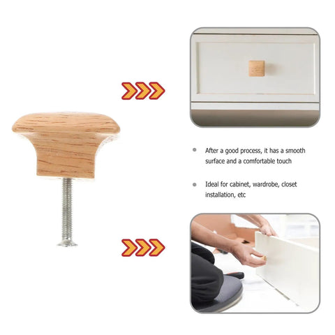 10 Piece Wooden Dresser And Cabinet Pulls Set For Closet And Drawer Handles Square Solid Wood Knobs Bamboo Vintage Style Furniture Hardware Durable And Easy To Install, showing a side view of a single knob with installation images.