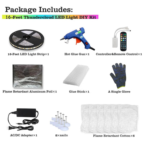 Thundercloud LED Cloud Light With 16 Feet Cord kit components including LED strip, remote, glue gun, foil, and cotton.