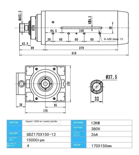 Heavy Duty Workhorse 12KW Air Cooled Spindle Motor For CNC Milling And Turning Machines Delivering detailed dimensions and specifications.
