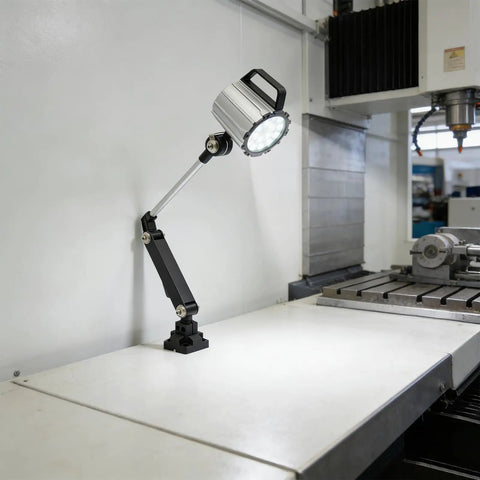 Heavy Duty 18W Led Work Light With Adjustable Multi Joint Arm Machine Lamp For Lathe Cnc Milling Drill Press And Workbench Cool White 110V Ip67 Waterproof Workshop Illumination Tool mounted beside a CNC machine.