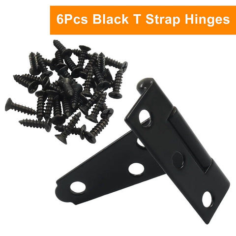 6 Pack 2 Inch Heavy Duty T Strap Hinges for Outdoor Gates and Barn Doors with screws, black iron, corrosion resistant