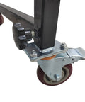 Close-up of wheel and adjustment knob on the Expandable Roller Conveyor With Adjustable Length And Height For Industrial Use