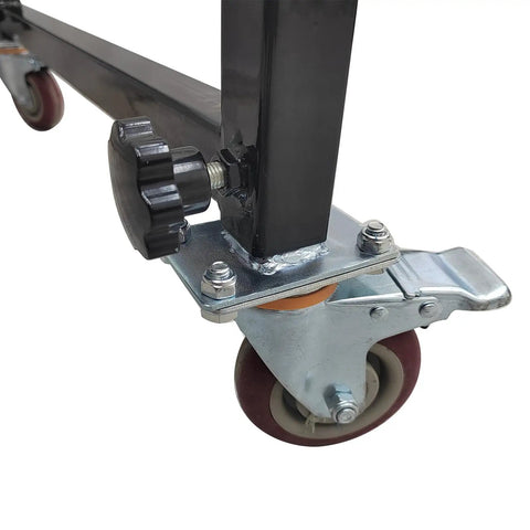 Close-up of Heavy Duty Portable Conveyor Roller Stand wheel and adjustable knob for moving big cartons.