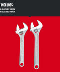 Adjustable Wrench Set, Two Piece All Steel With Wide Jaw Openings, Corrosion Resistant Chrome Finish, Quick Size Markings For Easy Sizing