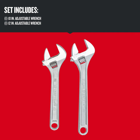 Adjustable Wrench Set, Two Piece All Steel With Wide Jaw Openings, Corrosion Resistant Chrome Finish, Quick Size Markings For Easy Sizing