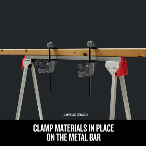 Heavy Duty Metal Sawhorse With Folding Legs, 1,000 Lb Per Pair Load Capacity showing clamp setup
