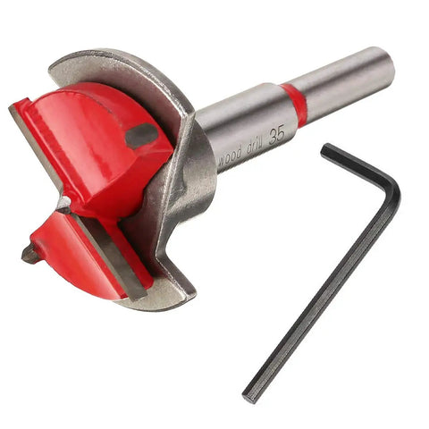 Straight Shooter 35Mm Forstner Bit Heavy Duty Hinge Hole Saw Tungsten Carbide Woodworking Drill Tool with hex shank and red cutter.