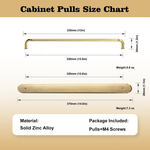 Size chart for Six Pack Champagne Bronze Cabinet Pulls With Backplates And Spacers For Twelve Point Six Inch Hole Center Drawers