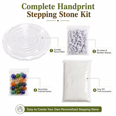 Custom DIY Family Handprint Stone Kit with concrete mold, letter and number stamps, colorful gems for indoor outdoor keepsake craft.