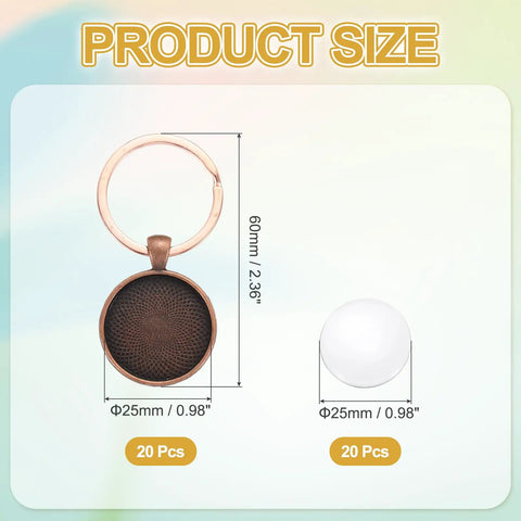 25 Millimeter Glass Cabochon Keychain Making Kit With 20 Pcs Pendant Setting Trays Blank Bases For Key Ring Crafting Photo Resin Jewelry Supplies Red Copper Finish Cool DIY Gift For Personalizing Bags And Accessories showing product size details.