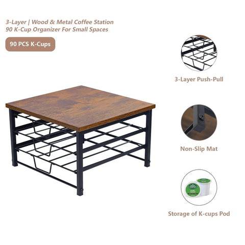 Wooden and metal coffee pod organizer with three tiers for 90 K-Cups. Three Tier Coffee Capsule Drawer Organizer With 90 Pod Capacity.