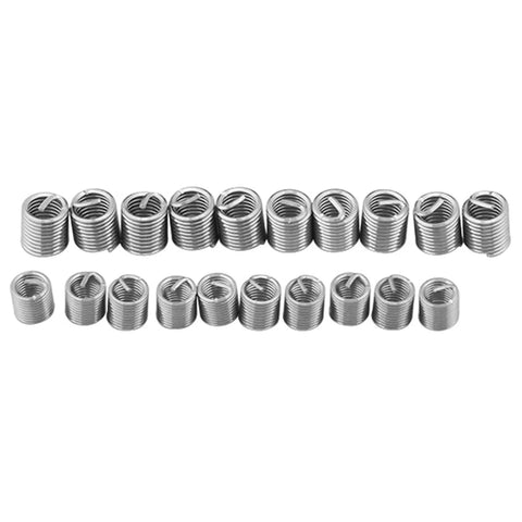 Stainless Steel Wire Thread Insert Kit, 60 Pcs, Metric M8 M10 Thread Repair Inserts arranged in rows on white background