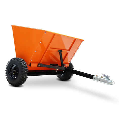 Beefy 71 Gallon Tow Behind Sand And Gravel Spreader For ATV And UTV, angled view, steel hopper with wheel and hitch details.
