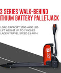 Top Rated 48 Inch By 27 Inch Full Electric Pallet Jack With Lithium Ion Battery 3300 Lb Capacity 24 Volt 30 Ah side view showcasing specs.