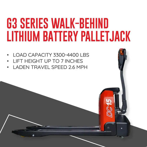 Top Rated 48 Inch By 27 Inch Full Electric Pallet Jack With Lithium Ion Battery 3300 Lb Capacity 24 Volt 30 Ah side view showcasing specs.