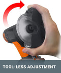 20V Cordless Mini Cutter 3 Inch Compact Angle Grinder Tool with 2 Cutting Discs 2.0Ah Battery, tool-less adjustment in hand