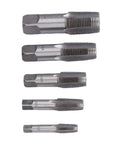 5 Piece NPT Pipe Tap Set In Carbon Steel With Accuracy Ground Threads And Square Shank For Plumbing And Automotive Threading Includes 3/4 1/2 3/8 1/4 And 1/8 Inch beefy heavy duty tool for quick repairs and long life, five taps shown