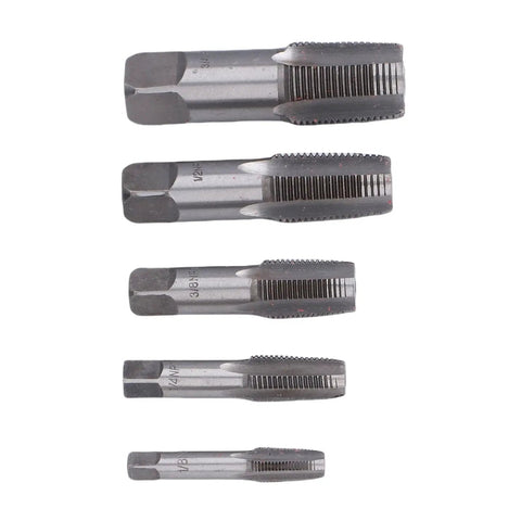 5 Piece NPT Pipe Tap Set In Carbon Steel With Accuracy Ground Threads And Square Shank For Plumbing And Automotive Threading Includes 3/4 1/2 3/8 1/4 And 1/8 Inch beefy heavy duty tool for quick repairs and long life, five taps shown