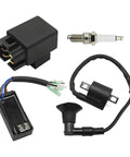 Polaris CDI Box Ignition Coil Kit Replacement For Sportsman Predator Scrambler 50 90 2001 2007 Ride Ready With Voltage Regulator Rectifier And Starter Relay Solenoid 0451018 0452061 0450553 0450555 components including CDI box, ignition coil, and spark plug displayed separately.