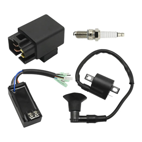 Polaris CDI Box Ignition Coil Kit Replacement For Sportsman Predator Scrambler 50 90 2001 2007 Ride Ready With Voltage Regulator Rectifier And Starter Relay Solenoid 0451018 0452061 0450553 0450555 components including CDI box, ignition coil, and spark plug displayed separately.