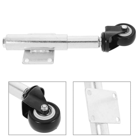 Top Shelf Premium Heavy Duty Gate Wheels With Spring Loaded Shock Absorption And Adjustable Height Casters For Smooth Rolling Metal Yard Gates Quick Install, close-up view of black caster wheel and metal arm.