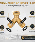 Heavy Duty Two Way Hose Splitter Brass Lead Free With Extra Long Butterfly Valves And On Off Easy Grip Handles Garden Hose Connector For Faucet And Spigot Includes Washers And Teflon Tape Dual Outlet Adapter brass splitter with washers and Teflon tape